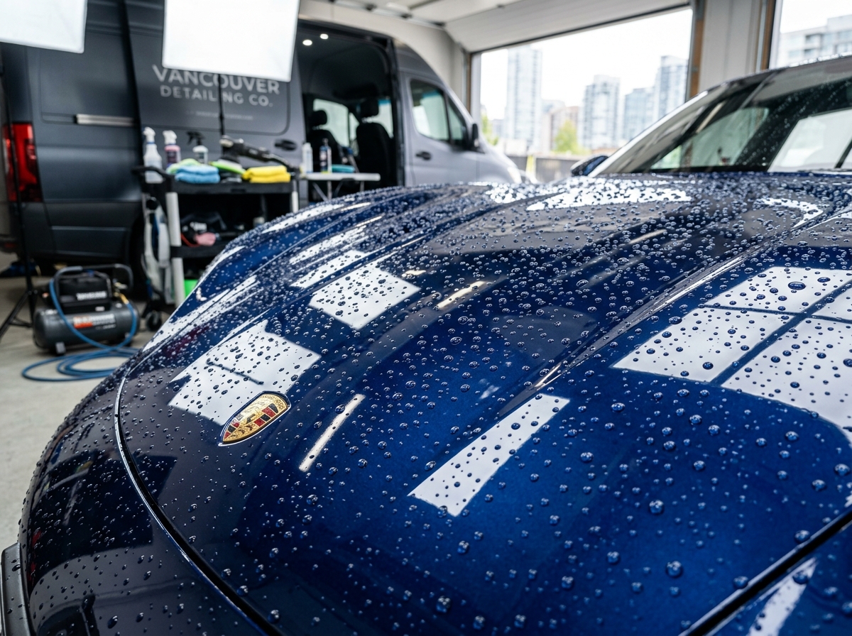 Hydrophobic water beading finish on deep blue paint